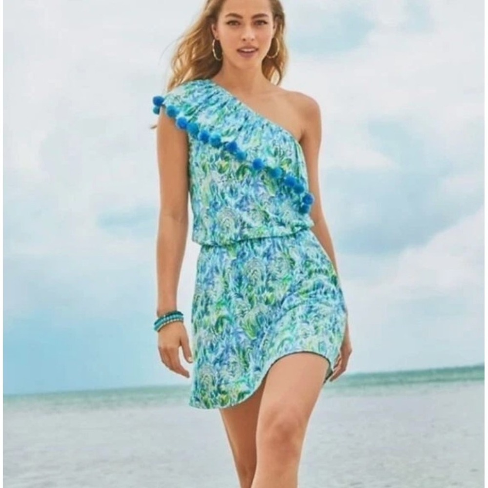 Lilly Pulitzer Idara Romper Resort One Shoulder PomPom Skort Beach Vacation S
